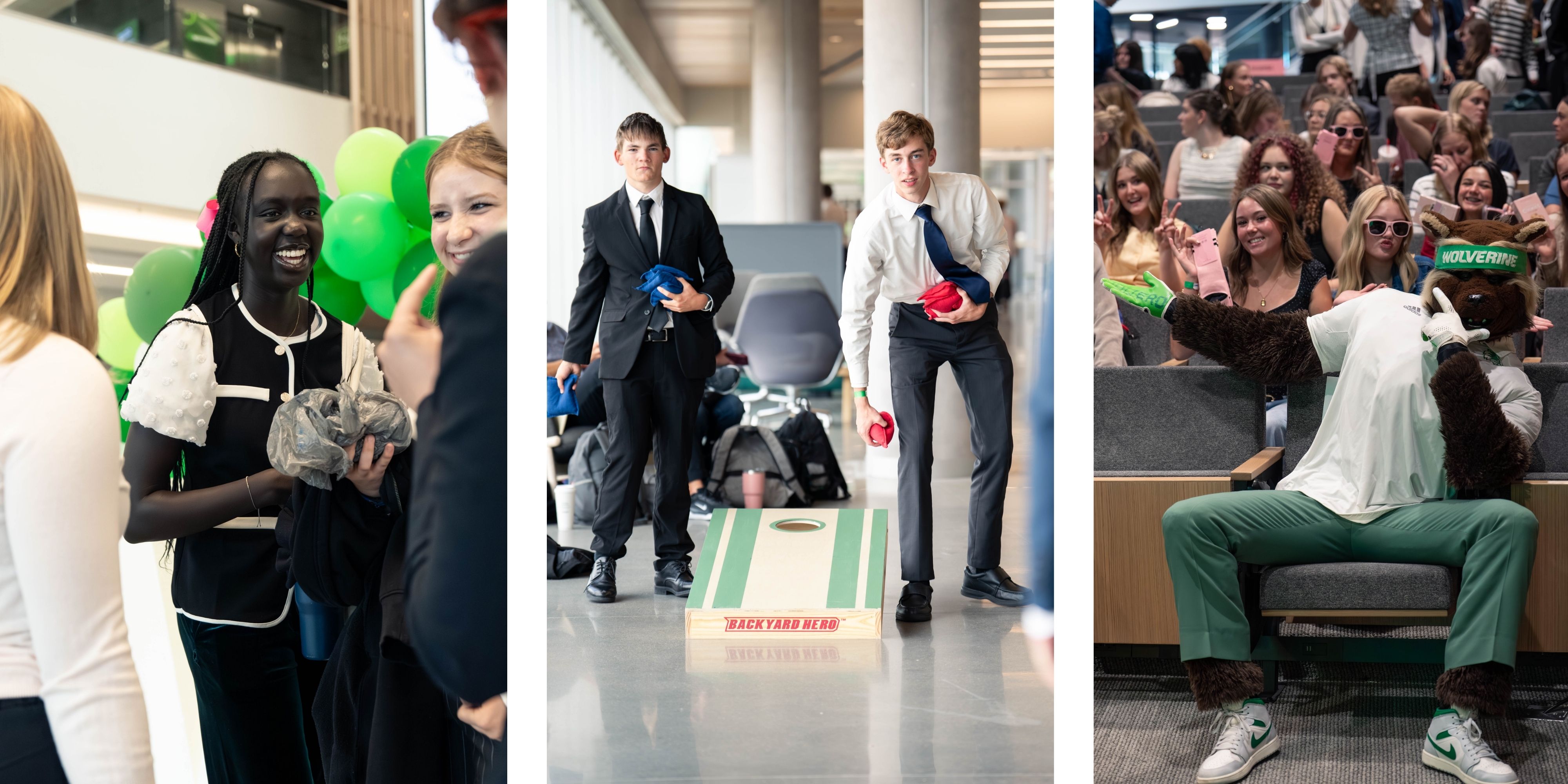 Three scenes from the 2025 Alan Hall Sales and Marketing Invitational displayed in a grid-style collage. From left to right: A group of students share a laugh in the foyer of the Scott C. Keller Business Building; Two students play cornhole together in the lobby of the Scott C. Keller Business Building; Willie the Wolverine poses seated in front of a group of visiting students in Vallejo Auditorium.