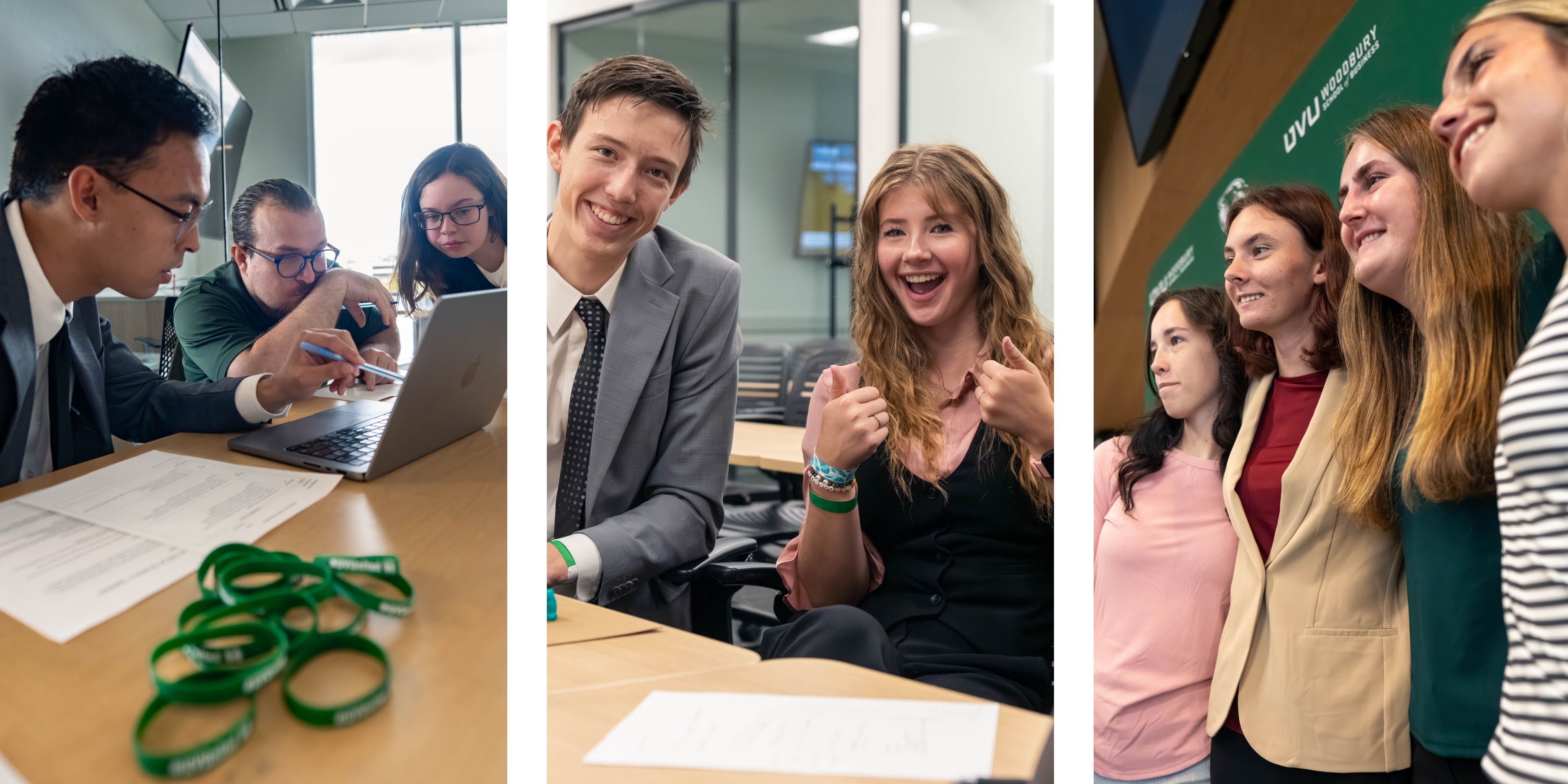 Three scenes from the 2025 Alan Hall Marketing and Sales Invitational displayed in a grid-style collage. From left to right: A group of students share a laptop and discuss strategy during a competition; two students pose for a fun photo together during a group activity; A group of visiting students stand in front of a dark green UVU-themed backdrop and pose for a group photo.