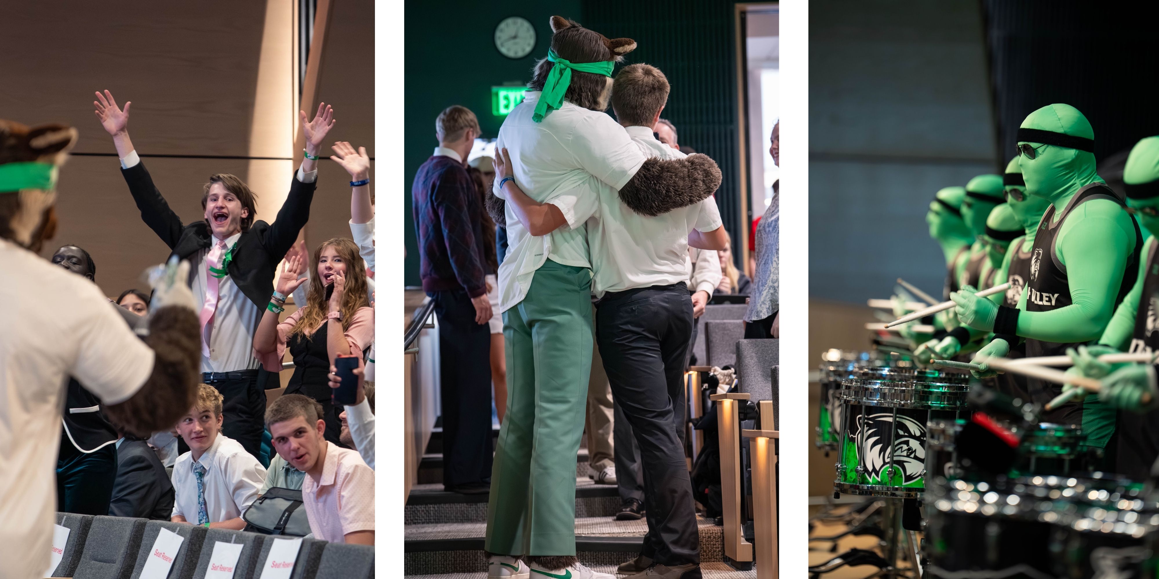 Three scenes from the 2025 Alan Hall Marketing and Sales Invitational displayed in a grid-style collage. From left to right: An audience of visiting students stand and cheer as Willie the Wolverine tosses gifts into the crowd; Willie the Wolverine poses for a photo with a student; The UVU Green Man Group perform for an audience of visiting students.