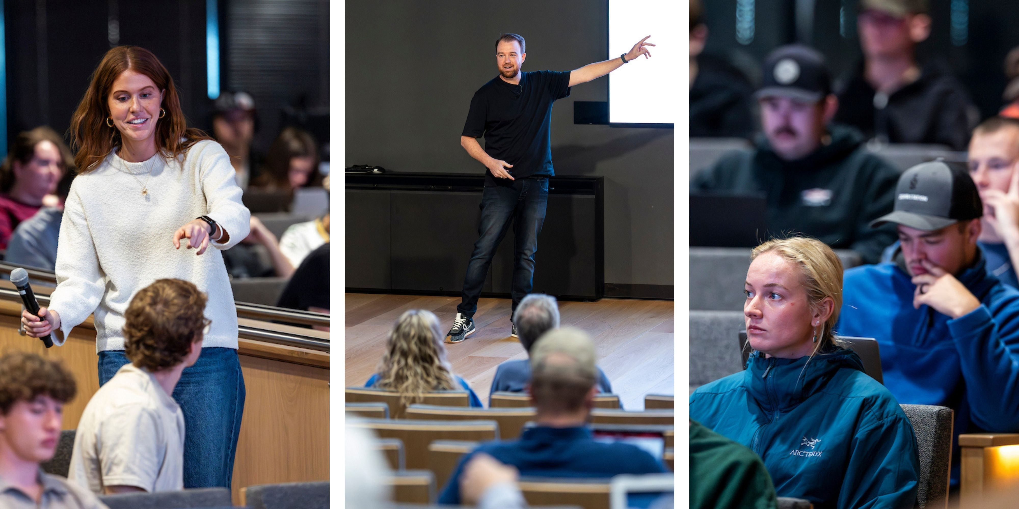 A grid of photographs: The first shows an attendee passing a microphone to an attendee during the Q&A portion of the lecture. The second shows speaker Isaac Westwood gesturing toward a presentation screen. The third shows audience members seated in rows, some with laptops open.