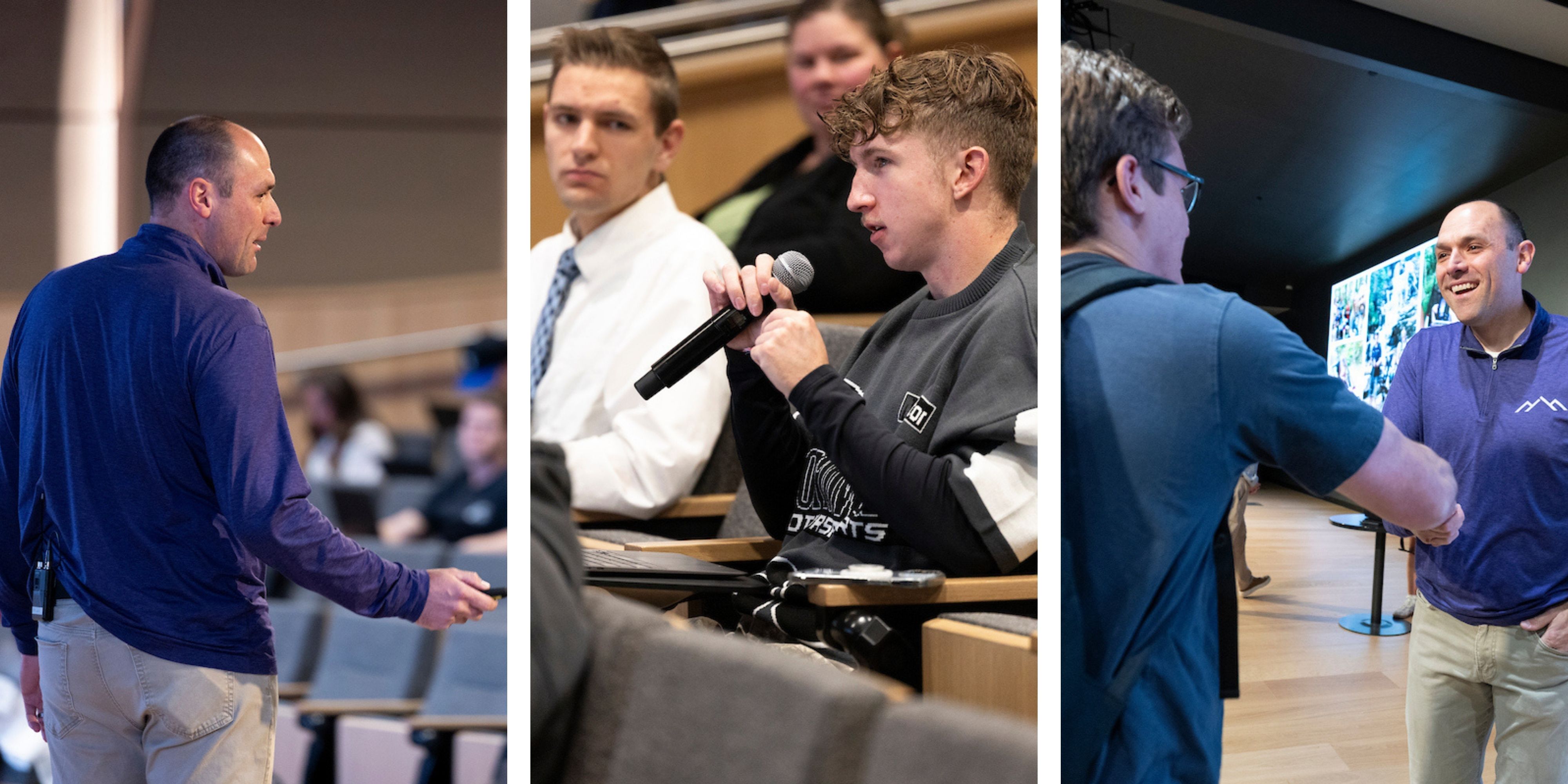 A grid-styled collage of three photographs taken during the Halladay Lecture Series event. The first shows speaker LJ Wilde standing in a lecture hall holding a presentation remote. The second shows an attendee speaking into a microphone during the Q&A portion of the lecture. The third shows LJ Wilde conversing with an attendee near the stage with a large presentation screen in the background.