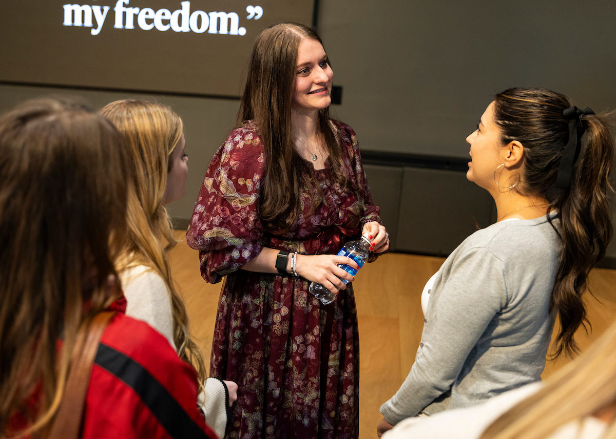 McKelle Siebert talking with students after her Halladay Lecture Series presentation.