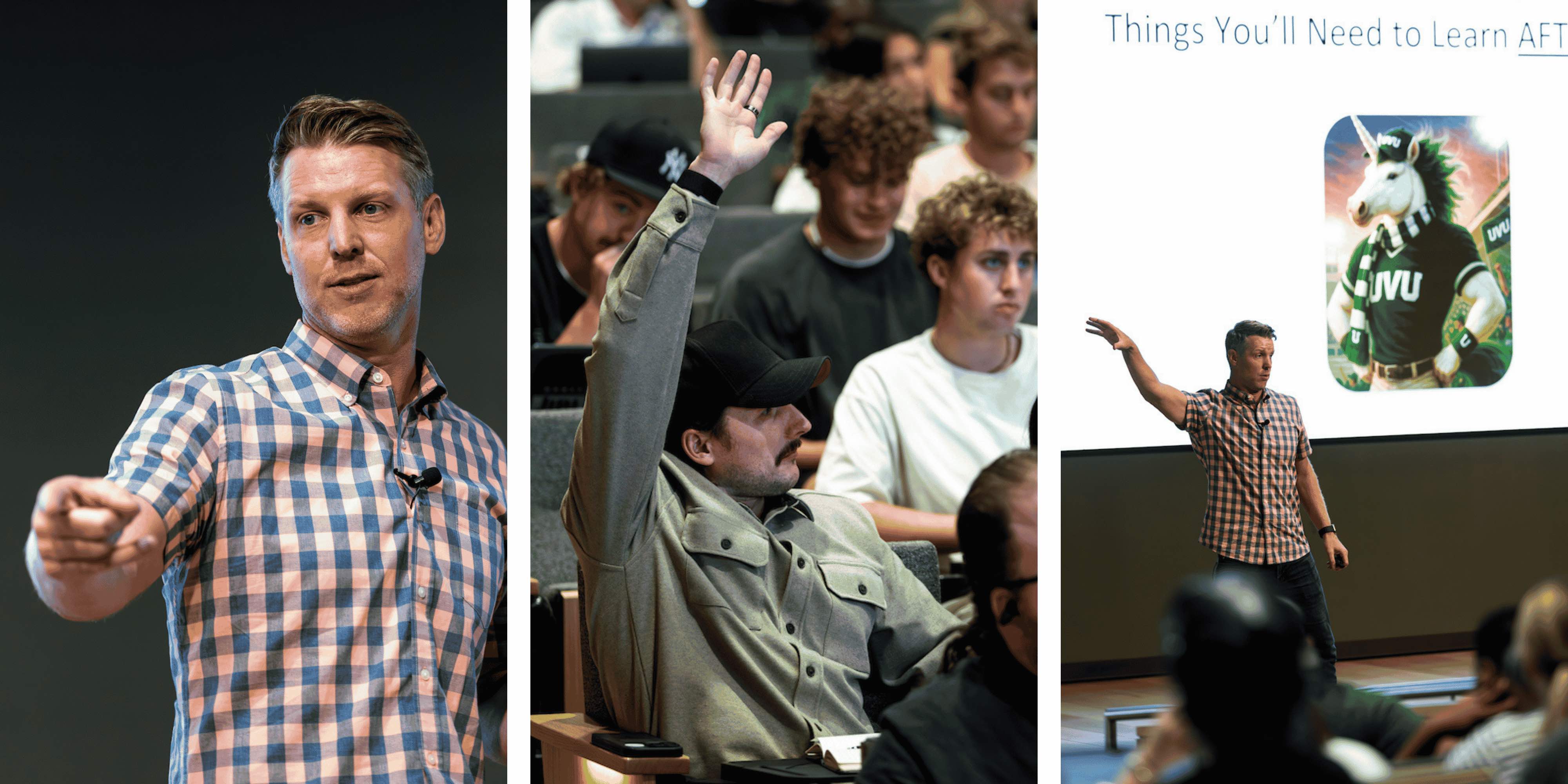 Composite image capturing Alex Bean’s presentation highlights and student engagement at the Halladay Lecture Series.