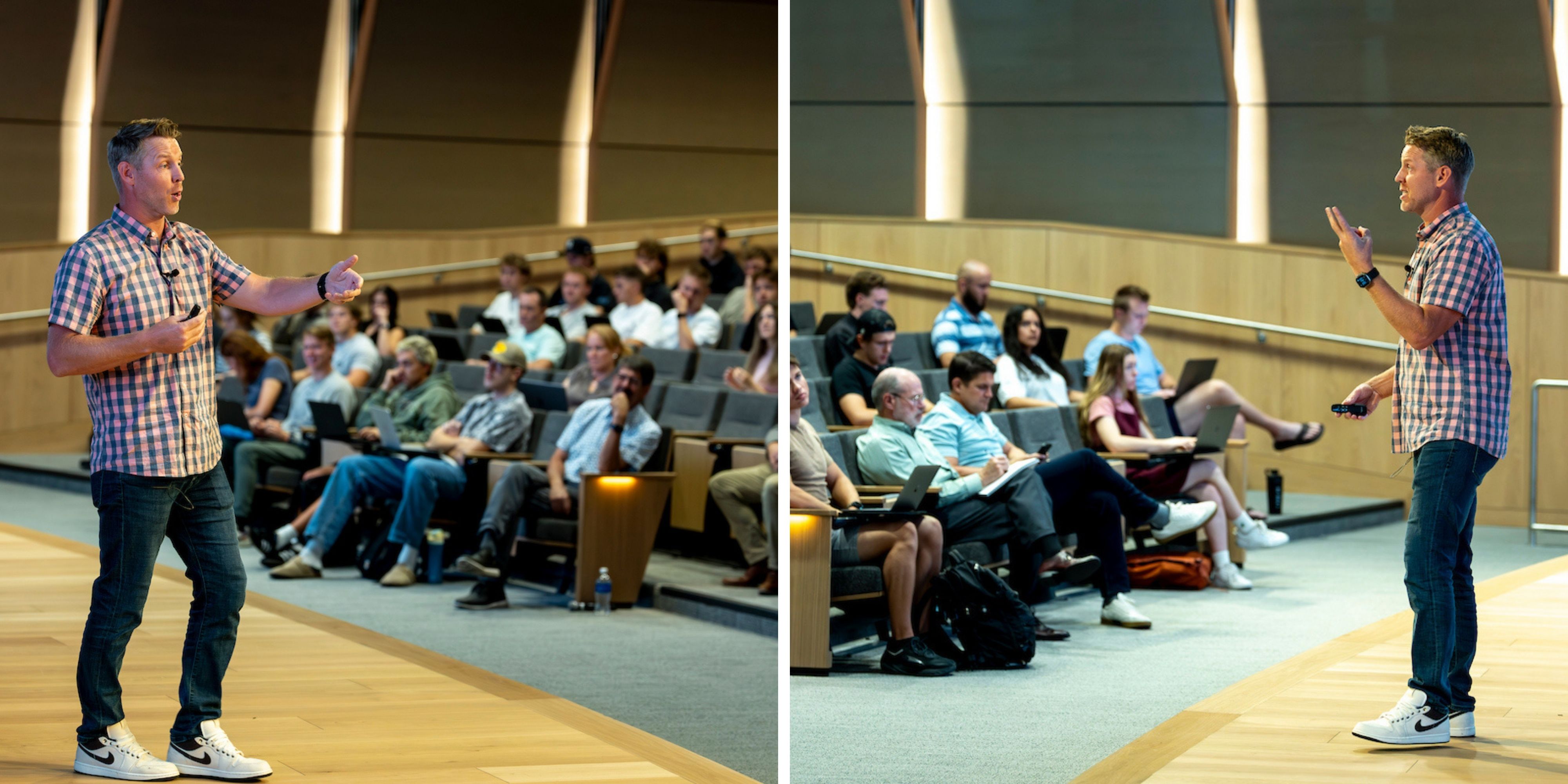 Split photo showing Alex Bean speaking to an audience of students during his entrepreneurship lecture at UVU.