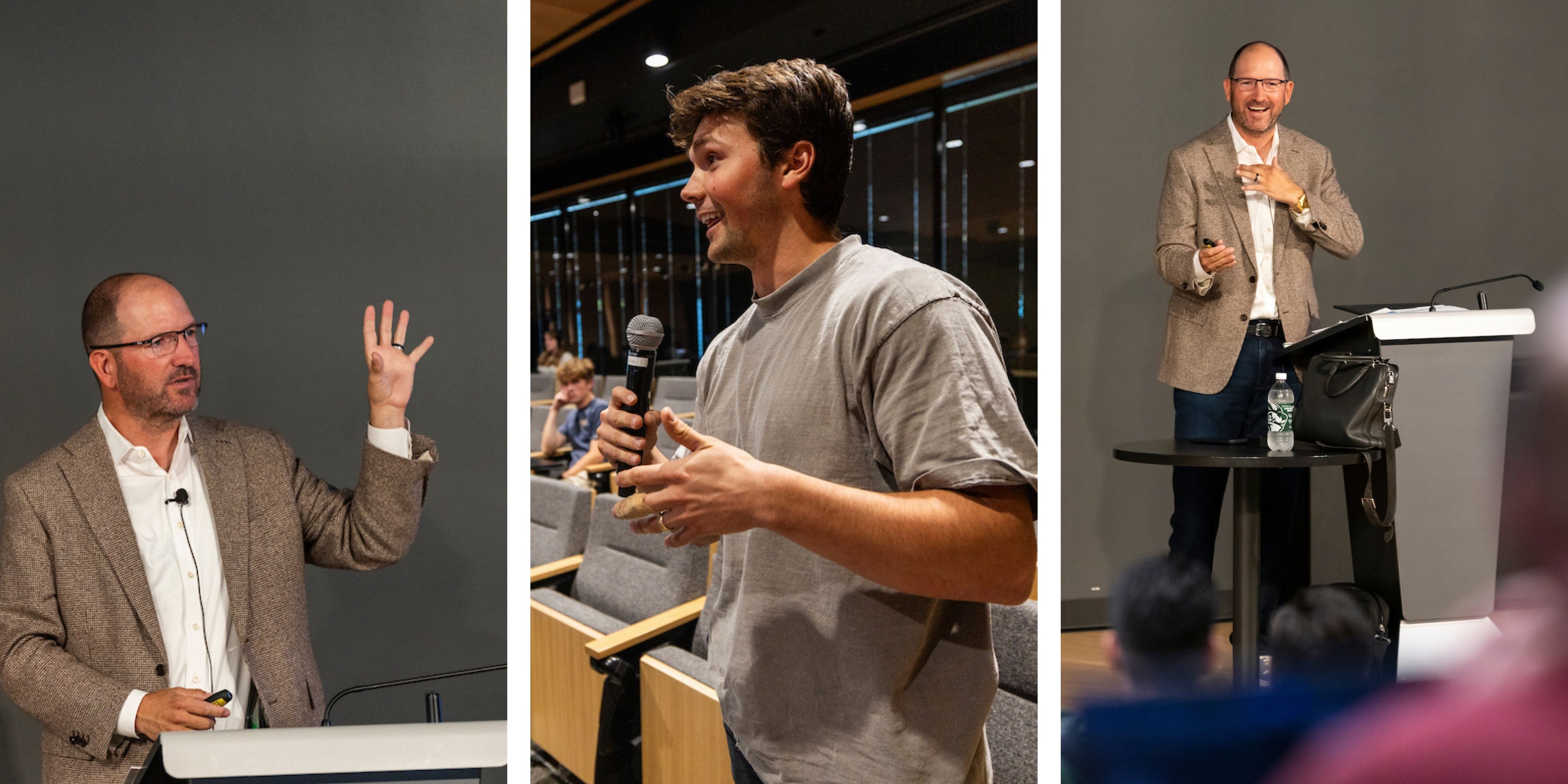 Collage of Brad Bonham speaking and interacting with students at his UVU lecture
