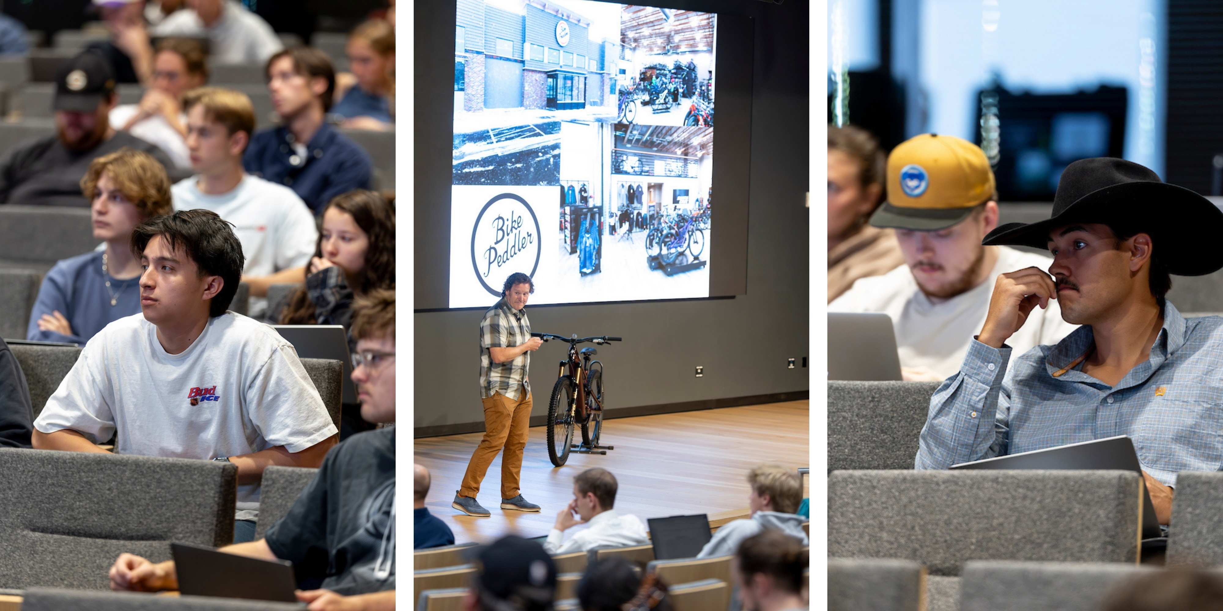 Collage of Brian Fruit presenting at the Woodbury School of Business during the Halladay Lecture Series, engaging with students, and discussing his entrepreneurial journey with Lizard Skins.