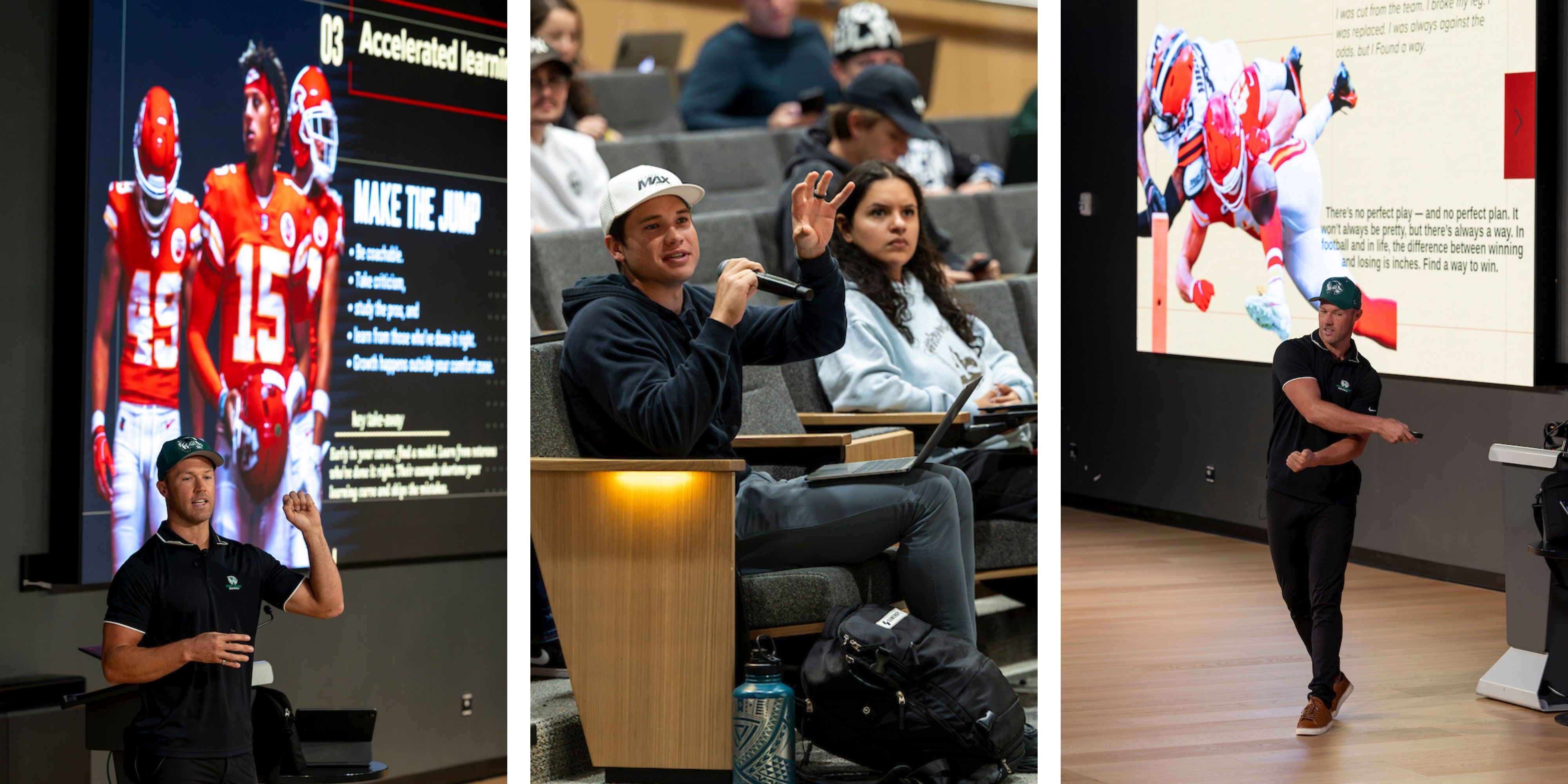 Three-photo collage showing Sorensen presenting on stage, students asking questions during Q&A, and Sorensen emphasizing his “find a way to win” mindset.
