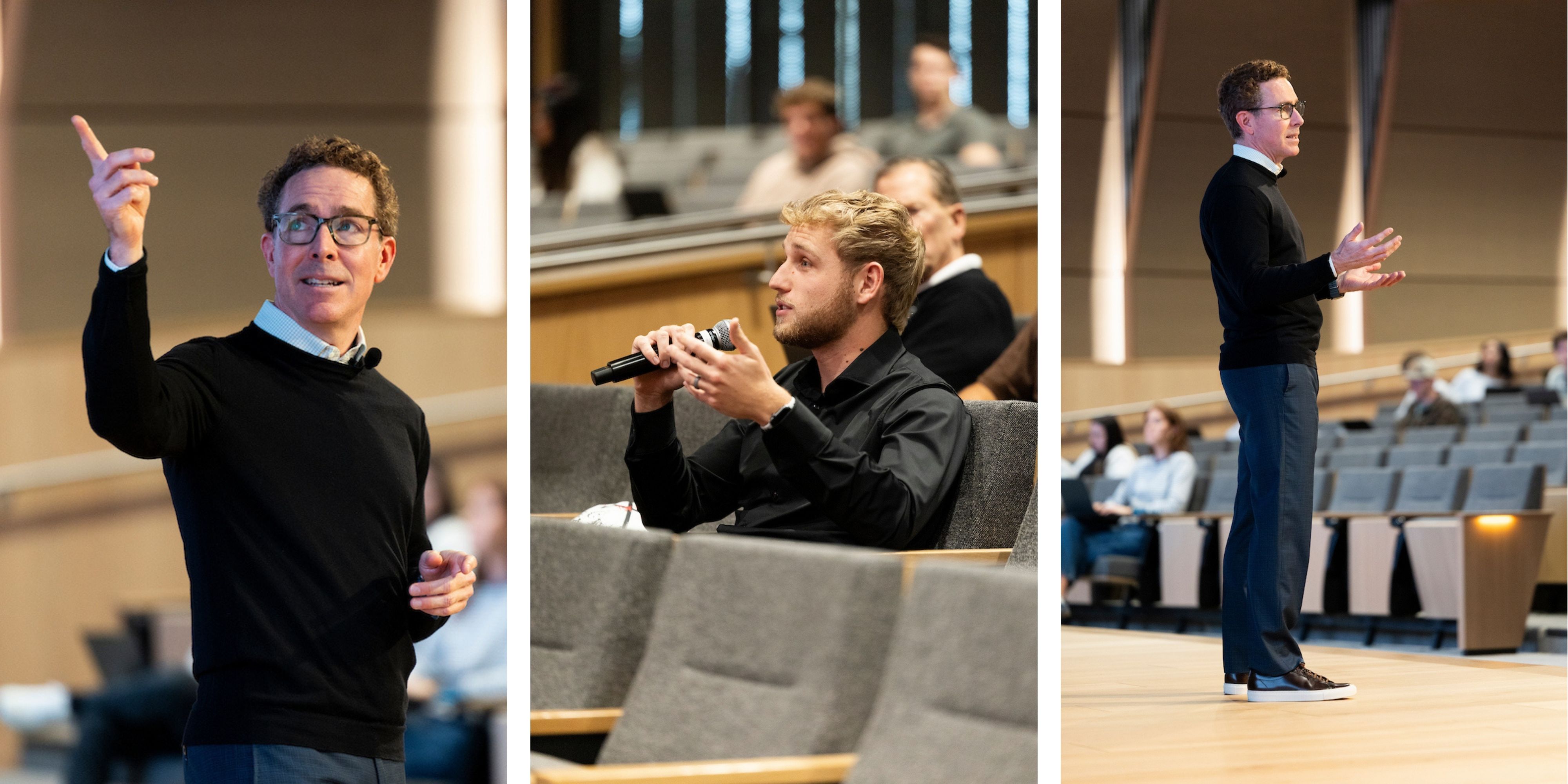 A grid-style collage of photographs during the Halladay Lecture Series. The first shows speaker Mr. Jean Drouin gesturing with one hand raised while holding a presentation remote. The second shows an attendee seated with a microphone during a discussion. The third shows Mr. Jean Drouin standing on stage addressing the audience.