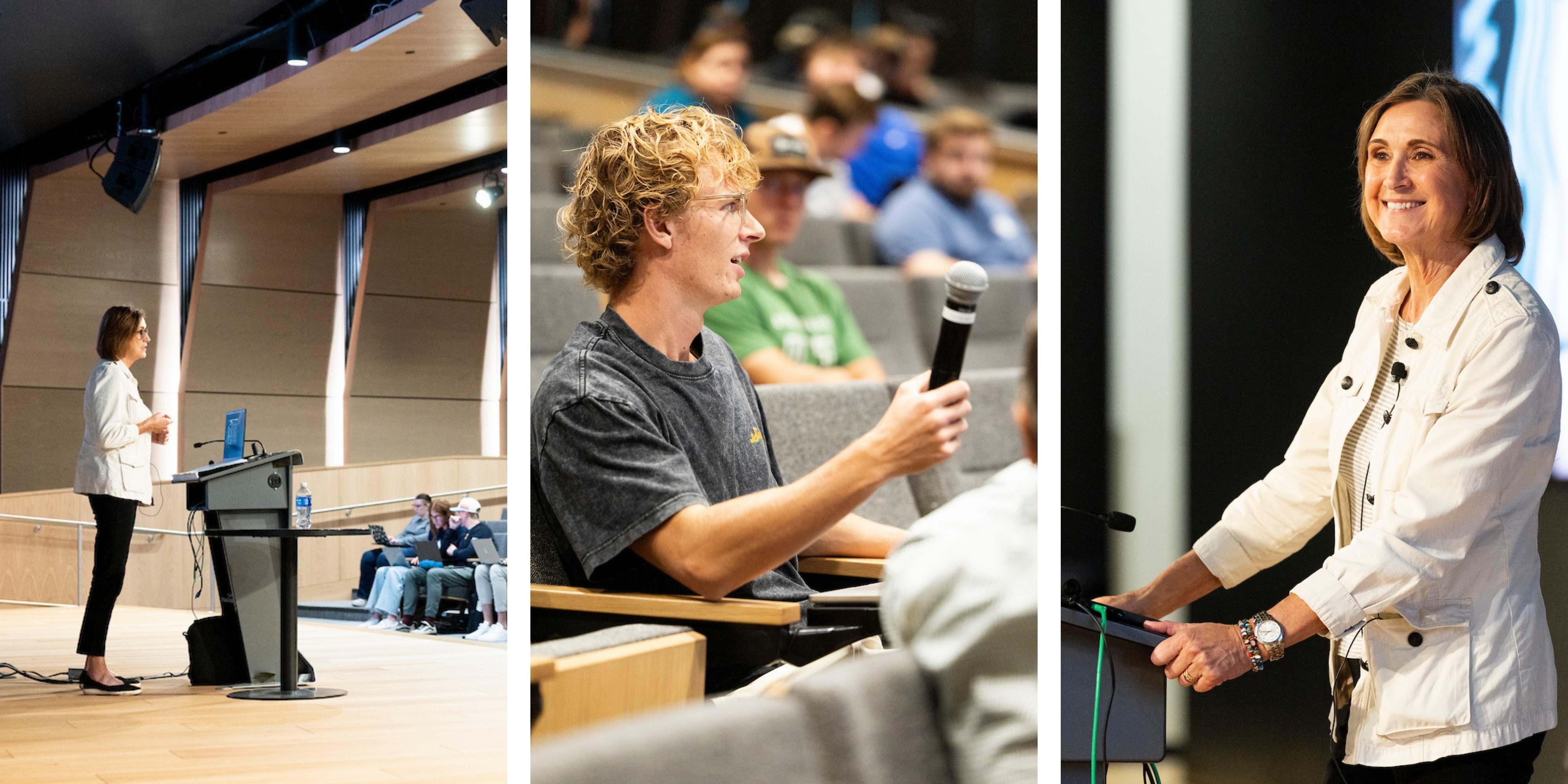 Collage of Kathie Lindemann presenting at the Woodbury School of Business during the Halladay Lecture Series, engaging with students during Q&A, and smiling as she shares insights on leadership and career alignment.