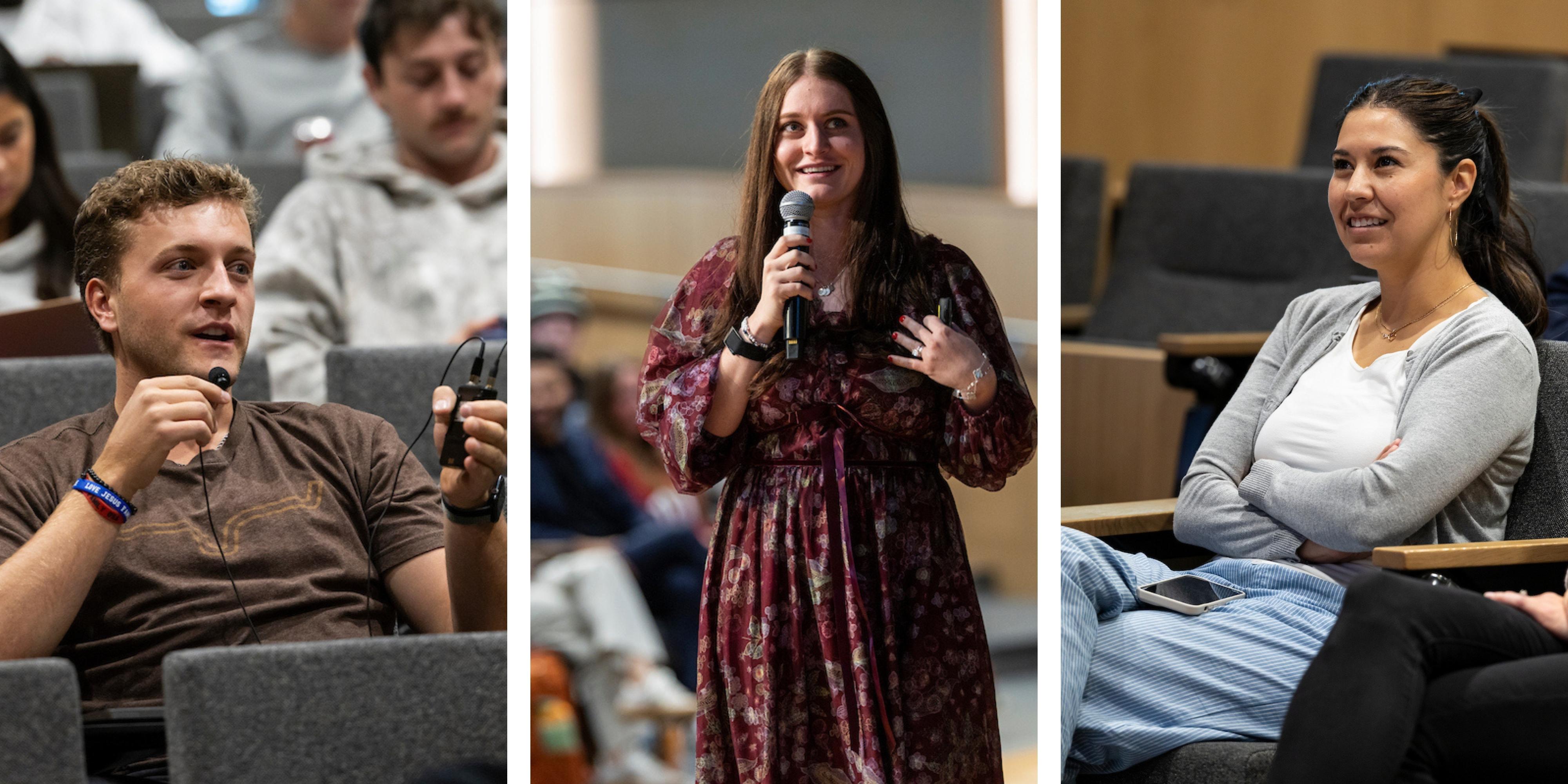 Photo collage showing McKelle Siebert speaking with students and answering questions during the lecture.