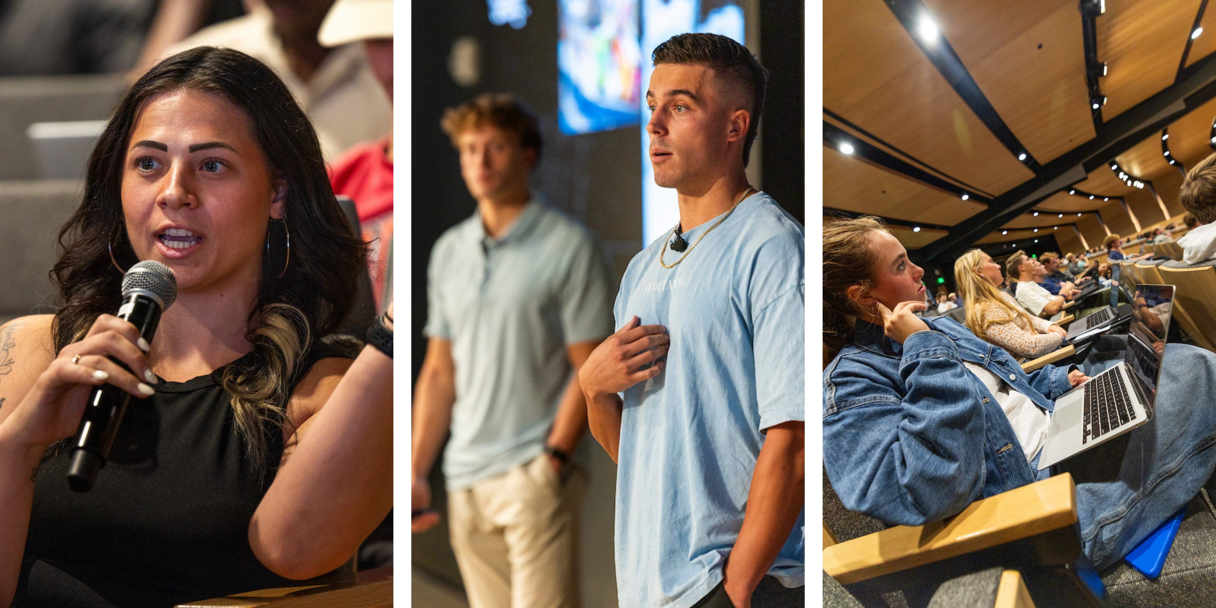 Collage of Squeegee Boys co-founders Casey Brown and Truxton McSpadden presenting during the Halladay Lecture Series, engaging with students, and answering audience questions at UVU.