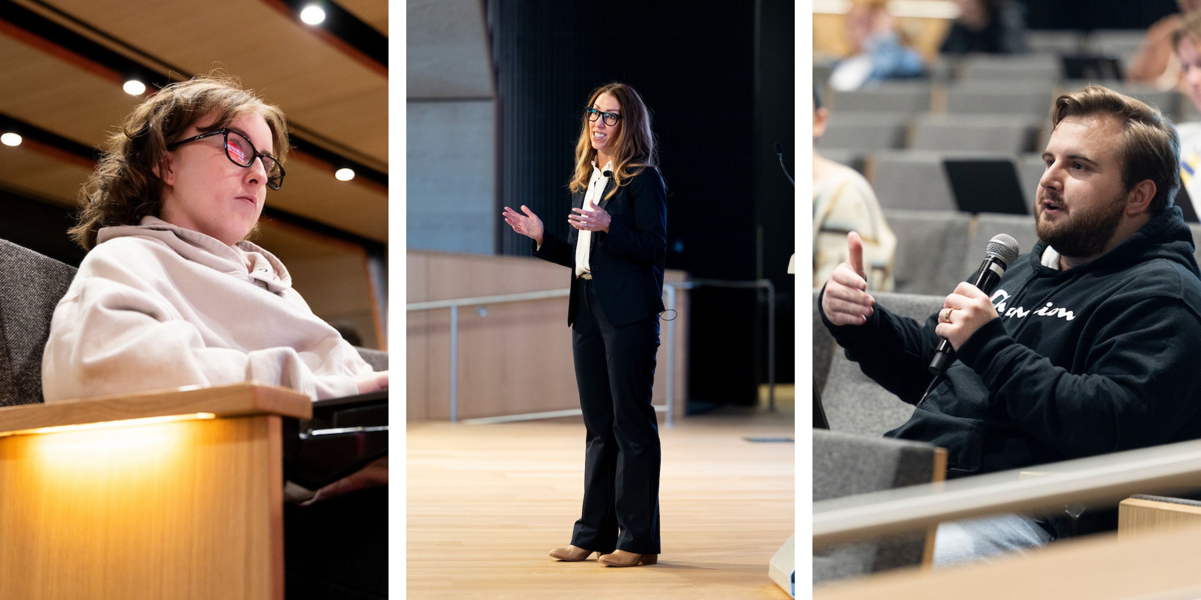 Collage showing a student speaking into a microphone, Graviet presenting on stage, and a student listening to Graviet’s lecture while using a laptop with colorful stickers at the Halladay Lecture Series. 