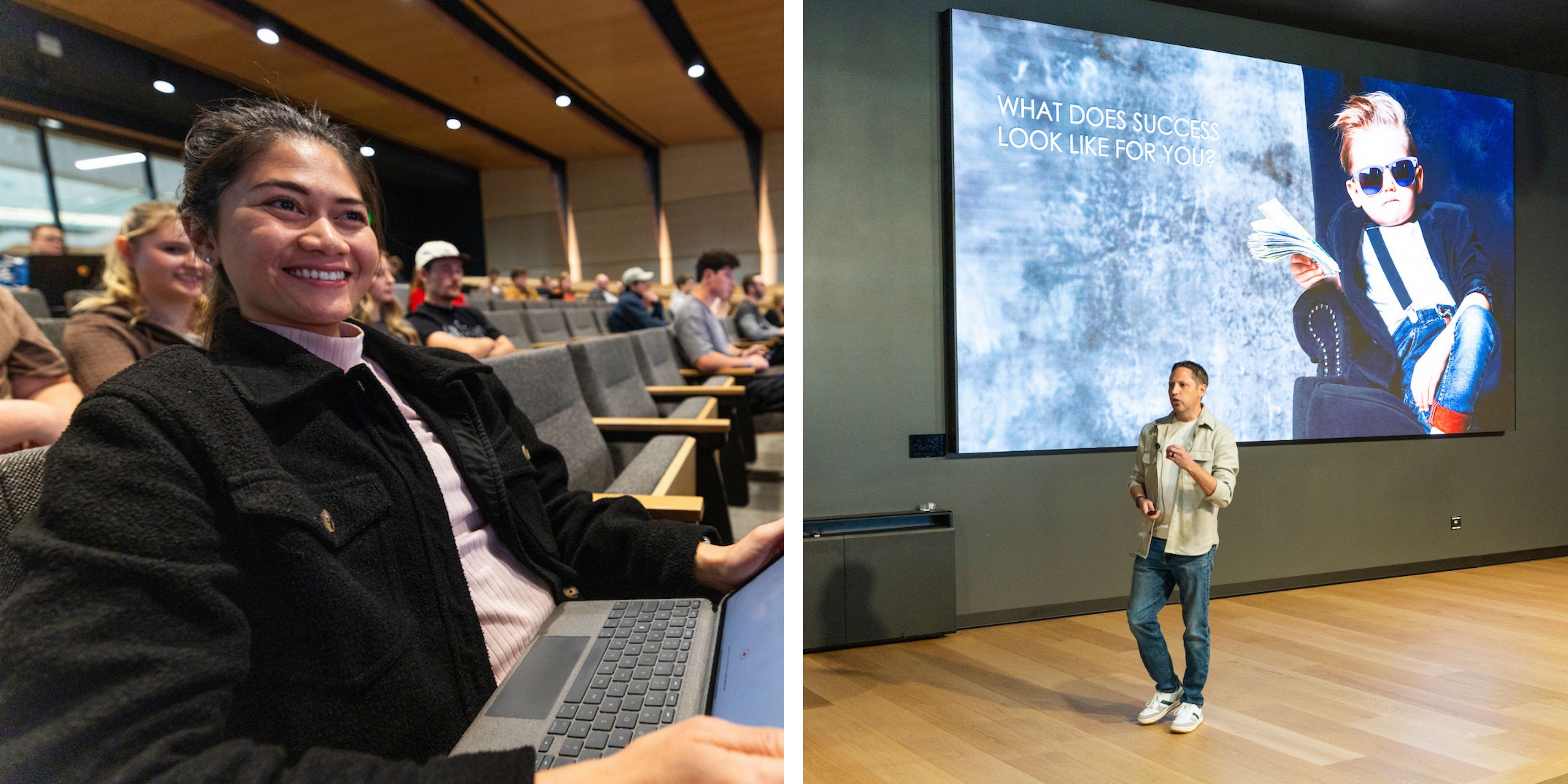 Two images during Sean Kennedy's lecture at uvu including one of a student smiling and another of Sean onstage