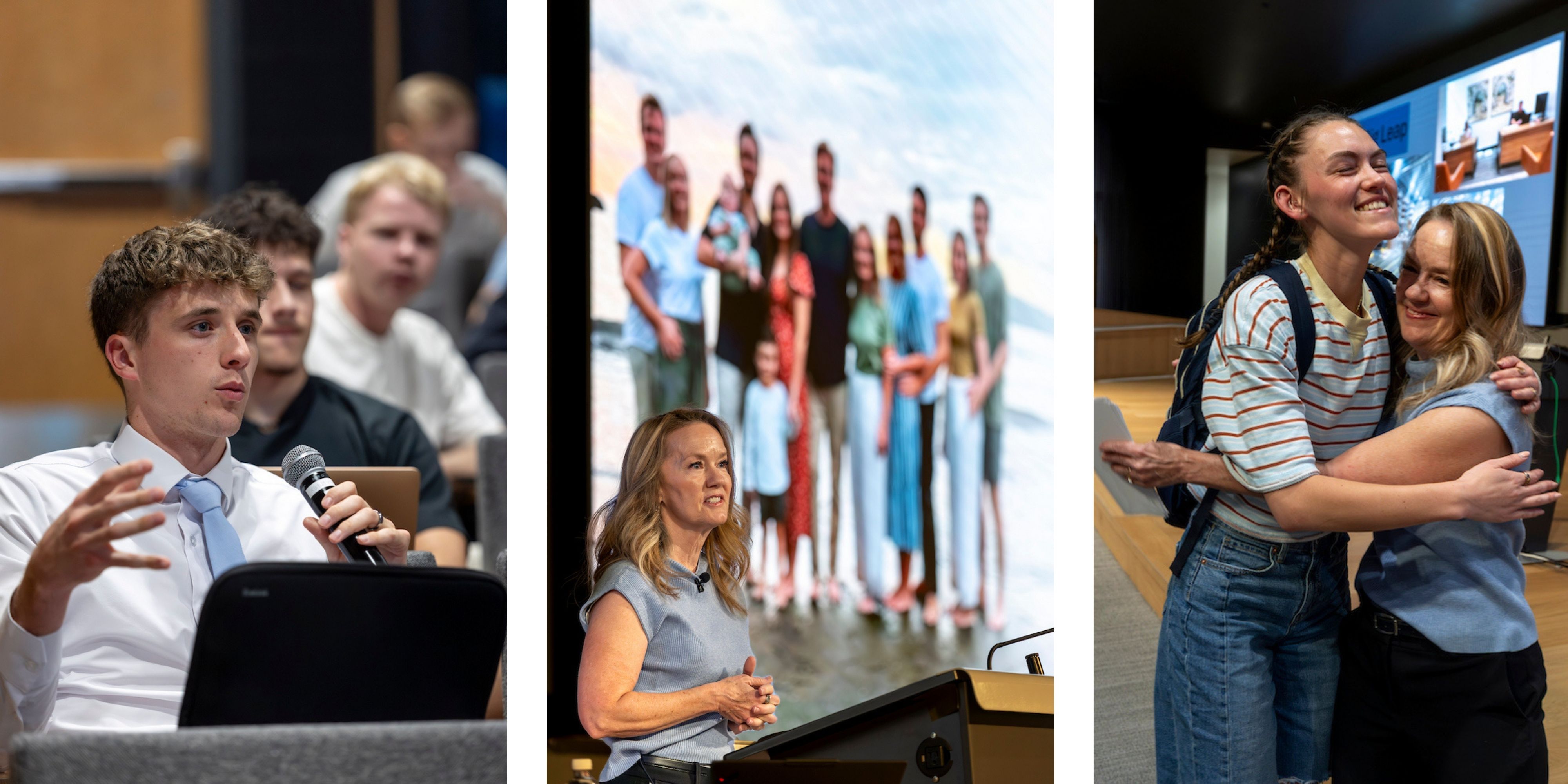 Three scenes from the Reed and Christine Halladay Executive Lecture Series displayed in a grid-style collage. From left to right: A young student wearing a suit and tie speaks into a microphone during the Q&A portion following Shannan Busby’s lecture; Shannan Busby stands onstage at a podium with a large presentation screen behind her, showing an image of a group of people; A student and Shannan Busby share a hug onstage following Busby’s lecture at Vallejo Auditorium. 