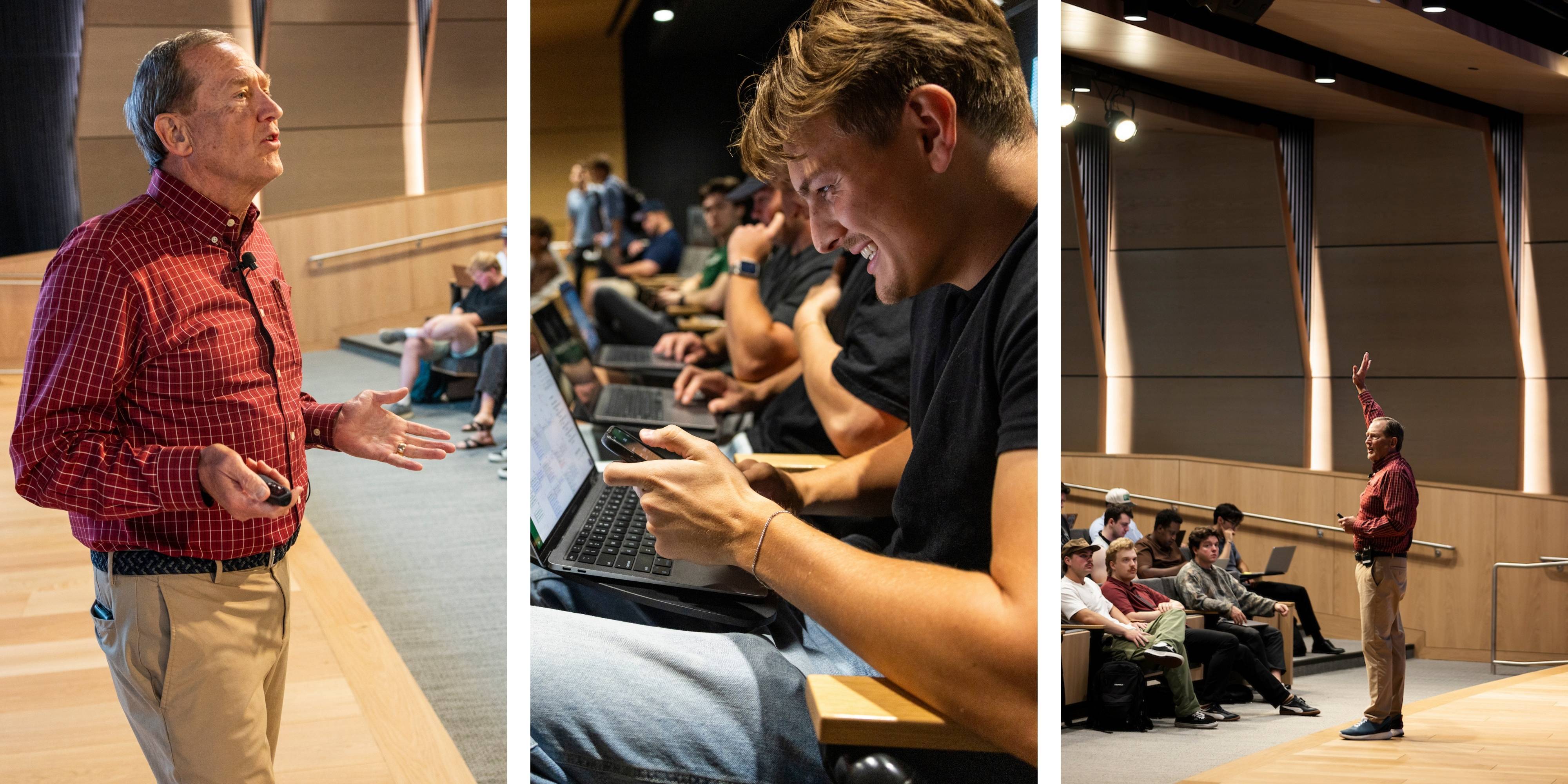 Tom MacDonald speaks to business students at the Fall 2025 Halladay Lecture Series, sharing leadership and career insights. A UVU business student listens attentively and takes notes during Tom MacDonald’s Halladay Lecture. 