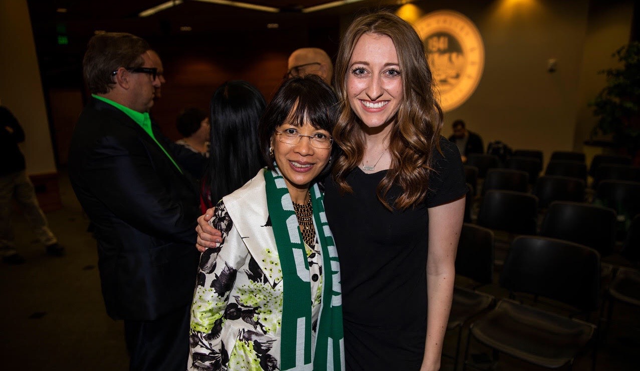 Anna Tibbitts poses with President Tuminez