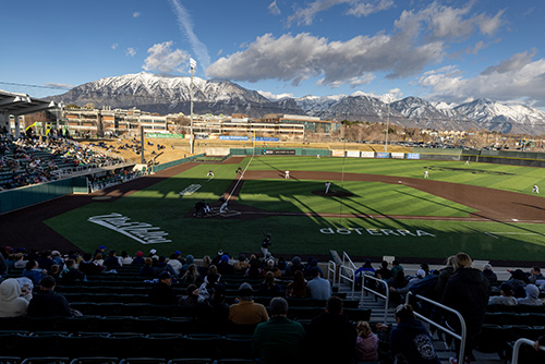 UCCU Ballpark baseball field bleacher view.