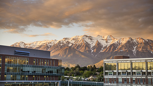 Wasatch Mountains backdrop the Fulton Library at UVU.