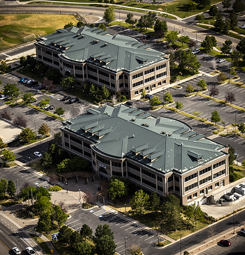 Aerial view of UVU at Thanksgiving Point in Lehi.
