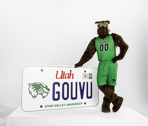 Willy the Wolverine standing next to a giant UVU license plate