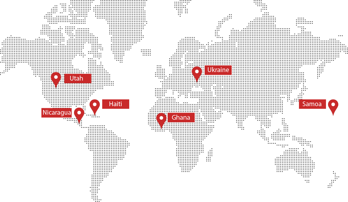 A map of the world with markers in Utah, Ghana, Haiti, Samoa, Ukraine, and Nicaragua