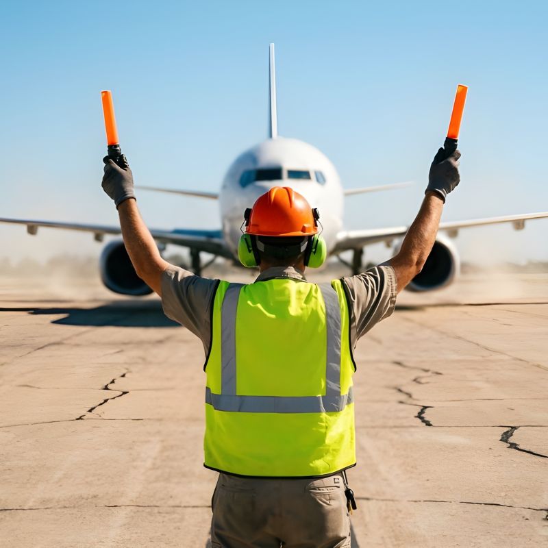 aircraft marshall guiding a plane