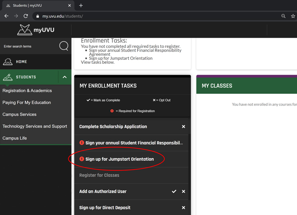 myUVU student enrollment dashboard
