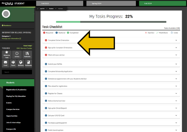 myUVU student enrollment dashboard