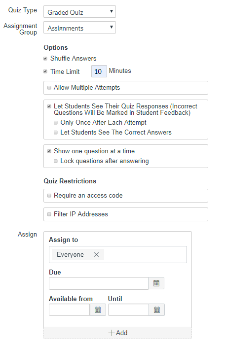 screenshot of Canvas quiz settings