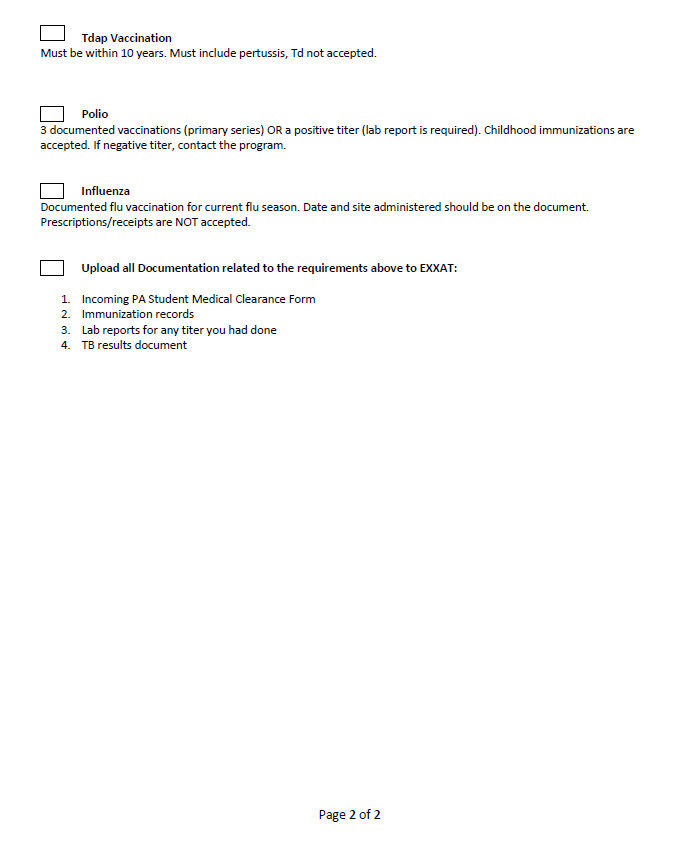 Student Health Checklist for Medical Clearance pg 2