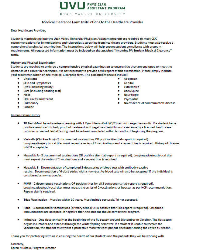 Medical Clearance form instructions for provider