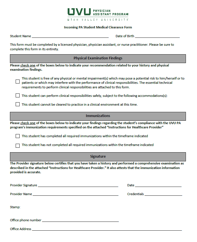 Incoming PA Student Medical Clearance Form pg1