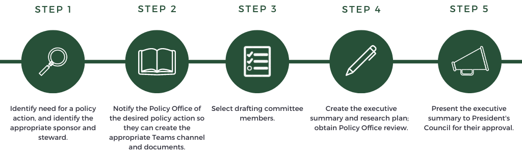 identify a need, notify the policy office, choose drafting committee members, create executive summary, present to president's council