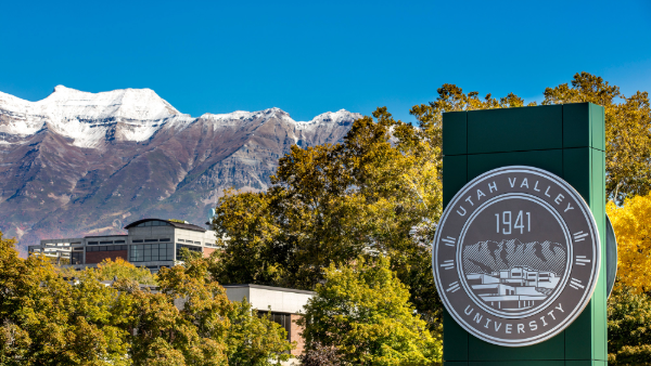 Outdoor campus scenic photo of UVU seal