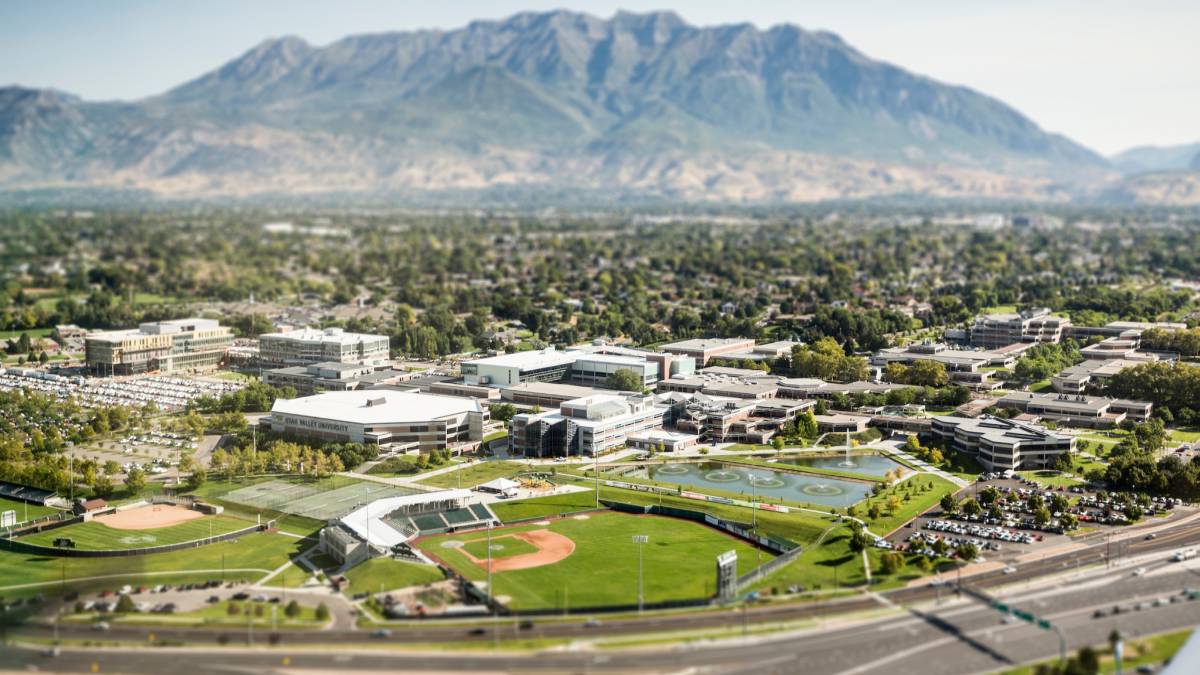 UVU main campus aerial photo with baseball field in the foreground.