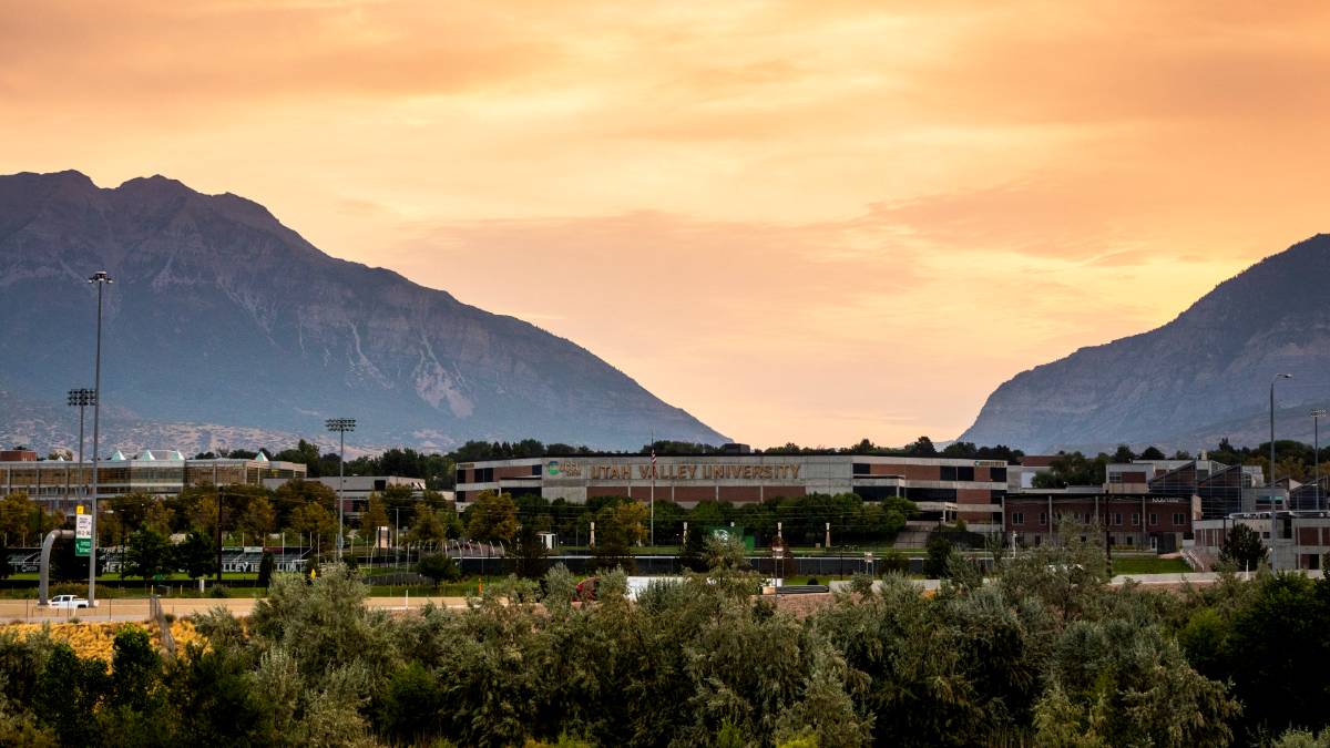 Campus exterior at sunset.