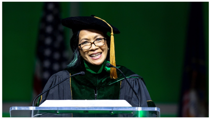 President Tuminez speaking at commencement.