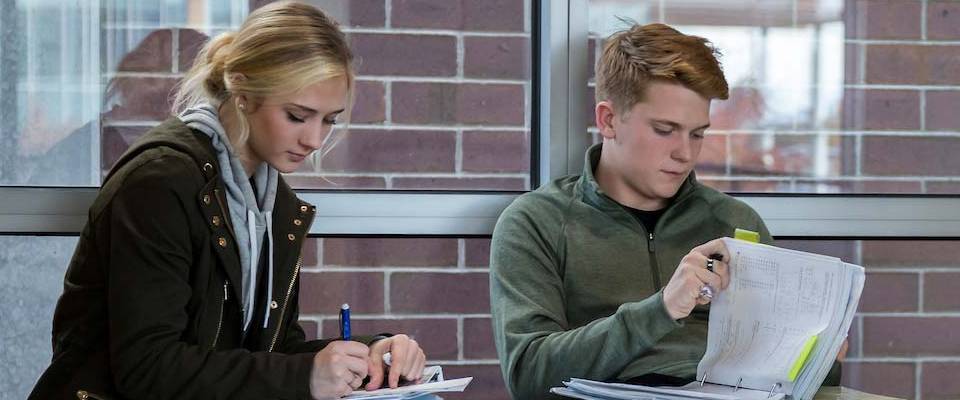 A woman and a man sitting next to each out filling out papers.