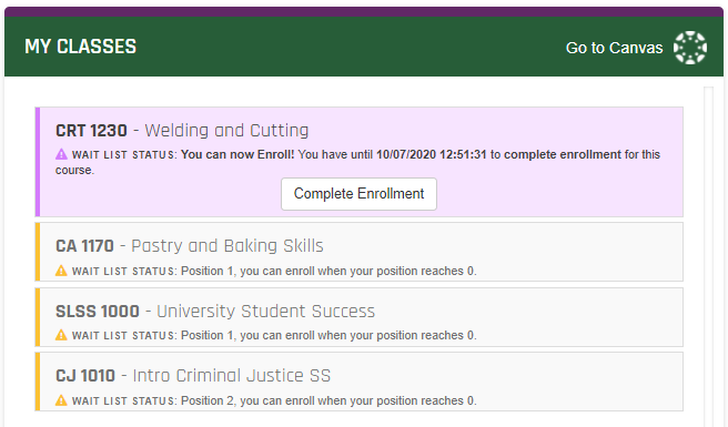image of class schedule with waitlist position
