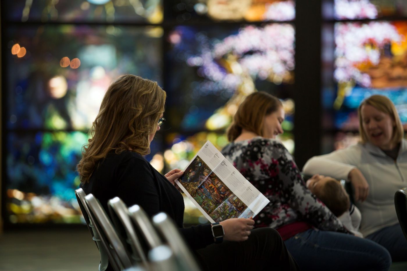 Image of patron using a brochure at the Roots of Knowledge