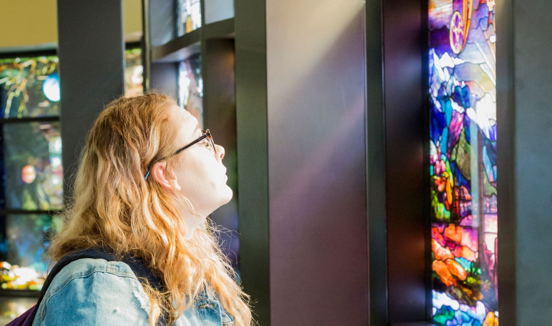 Image of patron looking at a Roots of Knowledge panel