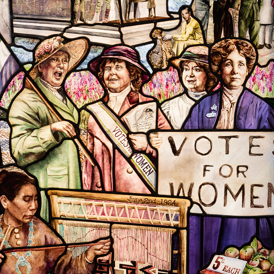 Stained-glass image of historic women of note.