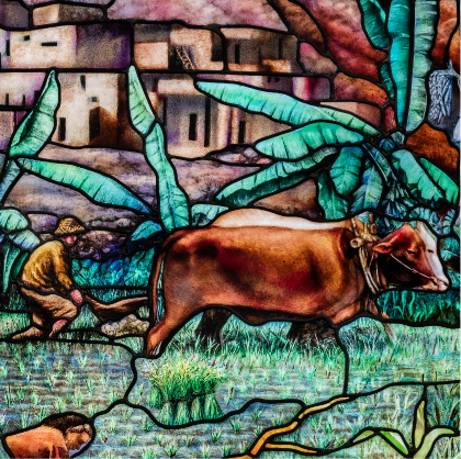 Roots of Knowledge panel depicting a cow in a field.