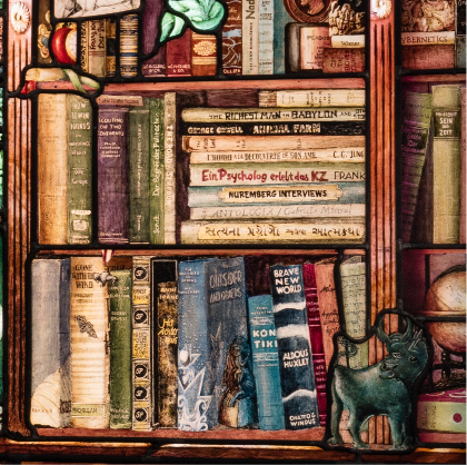 Roots of knowledge panel depicting books on a shelf