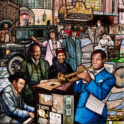 Roots of Knowledge panel depicting prominent musicians Louis Armstrong and Duke Ellington and American authors Langston Hughes and Zora Hurston