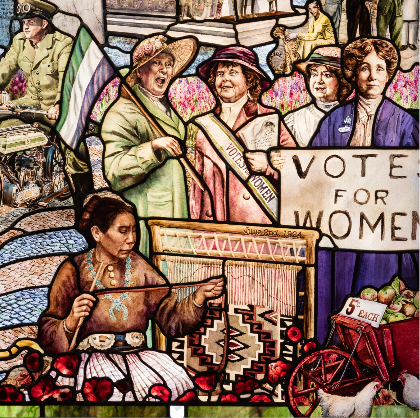 Roots of knowledge panel depicting Emmeline Pankhurst and her fellow Suffragettes