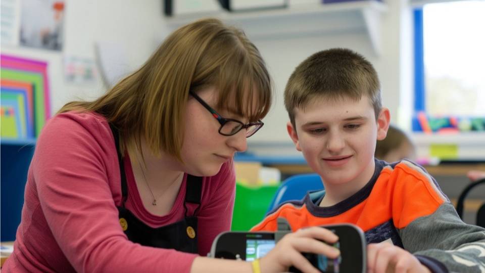 Teacher working with student.