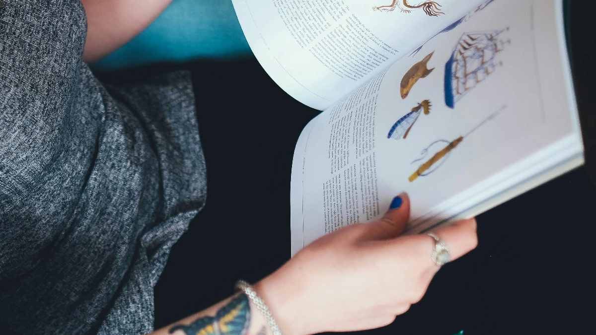 Detail photo of open textbook.