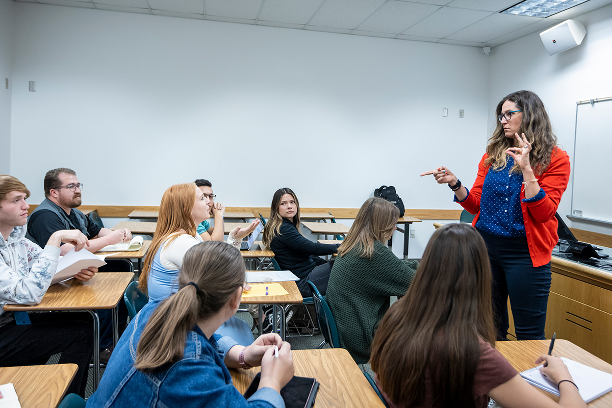 Image of a professor lecturing in front of a classroom of students.