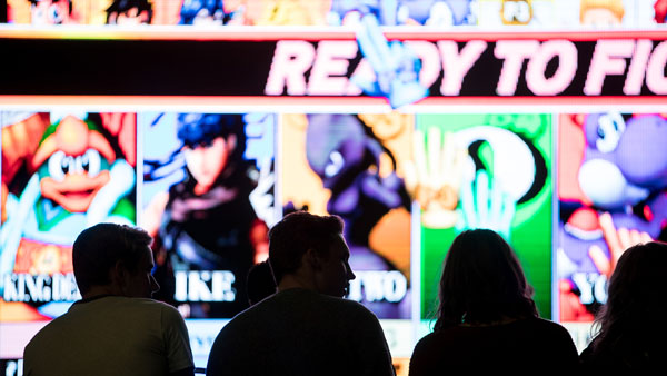 Group of students gaming together at UVU gaming center